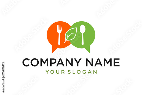 Healthy Food and Restaurant Logo Design with Fork, Spoon, and Leaf in Speech Bubbles