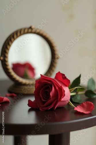 Red Rose with Petals Beside Round Vanity Mirror in Elegant Dramatic Still Life