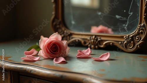Soft Pink Rose with Scattered Petals Reflected in Vintage Mirror on Rustic Surface