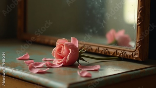 Soft Pink Rose with Scattered Petals Reflected in Vintage Mirror on Rustic Surface