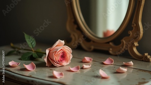 Soft Pink Rose with Scattered Petals Reflected in Vintage Mirror on Rustic Surface