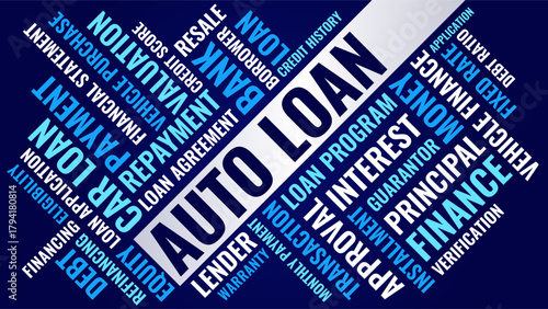Auto Loan finance word cloud, auto loan terms like vehicle, interest, and financing concept