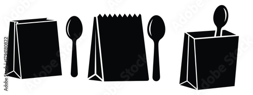 takeout bag minimal flat icon set, black color and white background