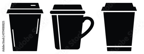 takeaway cup minimal flat icon set, black color and white background