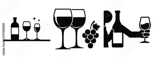 wine tasting minimal flat icon set, black color and white background