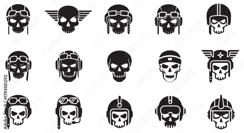 Obraz premium Pilot Skull shape set collection pack black icon silhouette vector flat illustration design on white background