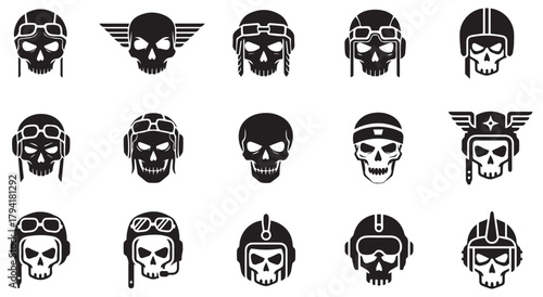 Pilot Skull shape set collection pack black icon silhouette vector flat illustration design on white background