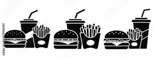 burger combo meal minimal flat icon set, black color and white background