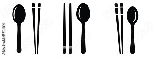 chopsticks minimal flat icon set, black color and white background
