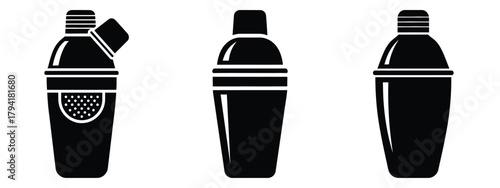 cocktail shaker minimal flat icon set, black color and white background