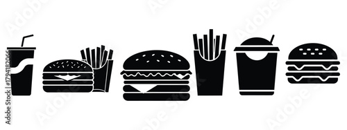 fast food meal minimal flat icon set, black color and white background
