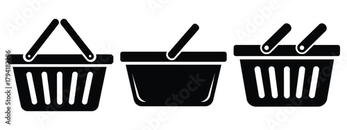grocery basket minimal flat icon set, black color and white background