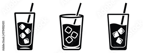 iced coffee minimal flat icon set, black color and white background