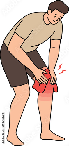 An adult man holding his knee with a red cloth, grimacing in pain due to arthritis against a plain white background.