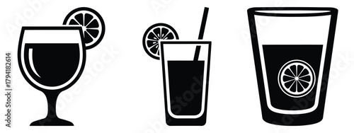 lemonade glass minimal flat icon set, black color and white background