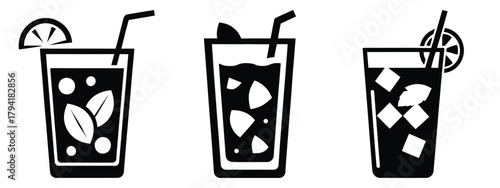 mojito minimal flat icon set, black color and white background