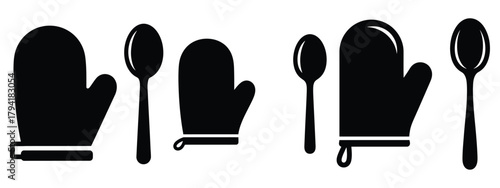oven mitt minimal flat icon set, black color and white background