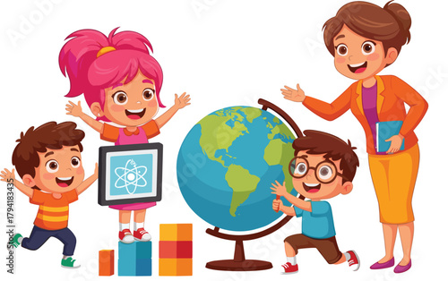 Cartoon classroom scene, teacher with kids, globe learning, science tablet, joyful students, educational activity, colorful blocks, geography lesson, vibrant illustration, school education, fun