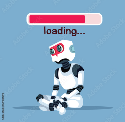 Tired Robot with No Battery Waiting to Load Vector  Illustration. Chat-bot with long response time being slow being idle