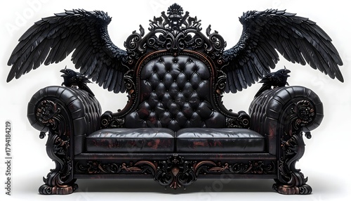 Fototapeta Naklejka Na Ścianę i Meble -  Dark royal chair with intricate carvings and ravens design high resolution picture