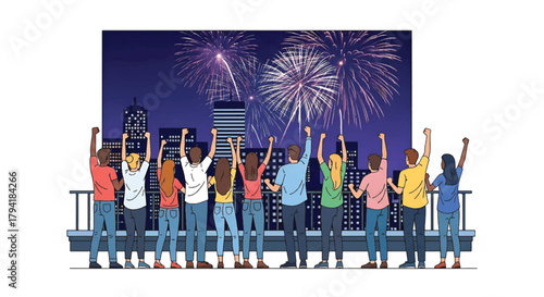 Diverse group of excited individuals celebrating on a city rooftop balcony, watching a magnificent fireworks display light up the urban night sky in a festive atmosphere