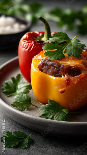 Delicious beef and cheese stuffed bell peppers on gray plate.