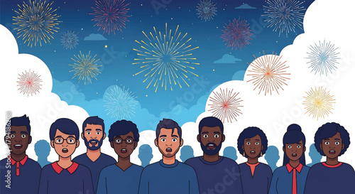 Diverse Community Celebrating Together Under a Sky Filled with Spectacular Fireworks Display at Night