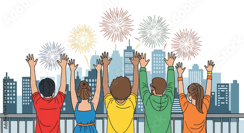 Diverse group of people on a rooftop balcony celebrating and watching a vibrant display of colorful fireworks light up the night sky over a modern city skyline