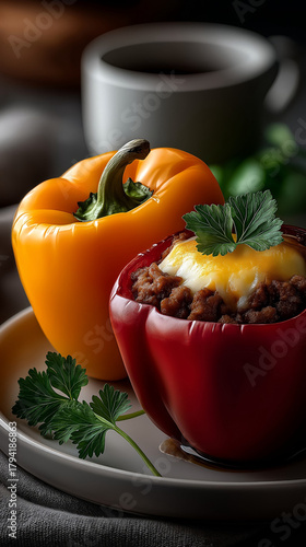 Delicious stuffed bell pepper with meat and cheese served on a plate.