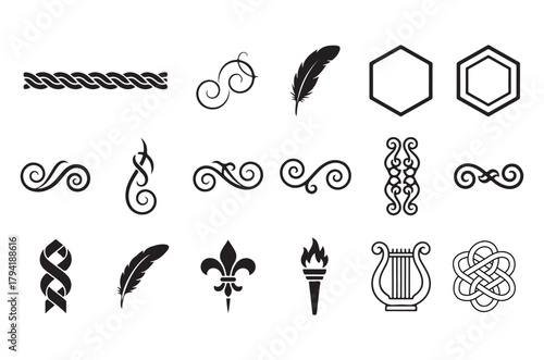 Collection of ornate black and white decorative design elements and flourishes