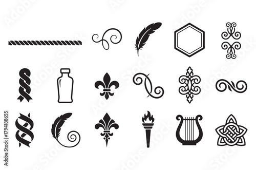 A collection of ornate vintage design elements including flourishes and symbols