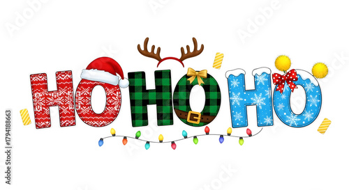 Ho ho ho text with christmas elements like santa hat, reindeer antlers, and festive lights