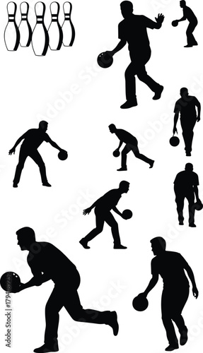 Bowling player silhouette set, man throwing bowling ball and aiming at pins, black vector illustration for sport, leisure, and activity design