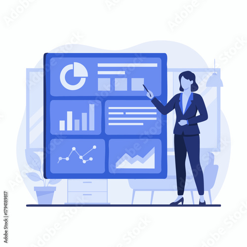 Business Data Analytics Dashboard
Flat-vector business analytics scene with graphs, charts, data panels, businesswoman presenting insights, corporate blue palette, simple shapes, high-tech feel suitab