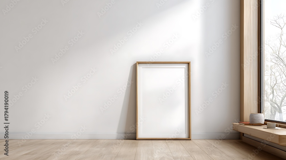 Fototapeta premium Single wooden empty photo frame on a large blank white wall in a minimal home interior with soft window light for spacious clean layout in corporate presentation, marketing, and analytics