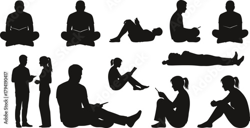 People reading and relaxing silhouette collection, men and women sitting or lying with books and smartphones, leisure and communication vector illustration design