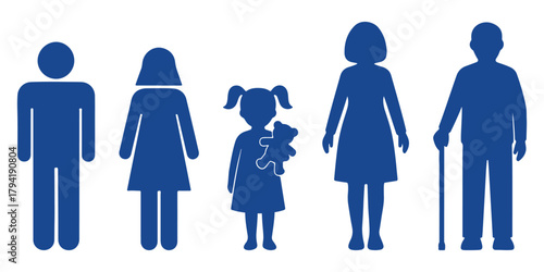 Blue silhouette family icons showing man, woman, child and elder figures in clean minimal style, modern vector set for community, public signage, healthcare, family services and infographic 