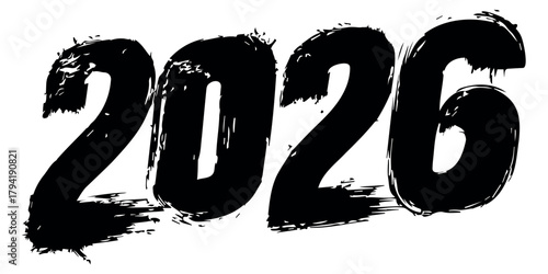 Bold distressed “2026” typography with rough textured black paint strokes, grunge numerals for modern poster layouts, celebration graphics, event banners and impactful artistic year-focused design