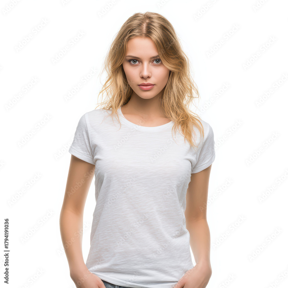 Fototapeta premium Caucasian woman in white t-shirt posing casually against white background, symbolizing simplicity, elegance modern lifestyle. Perfect for fashion advertising themes.
