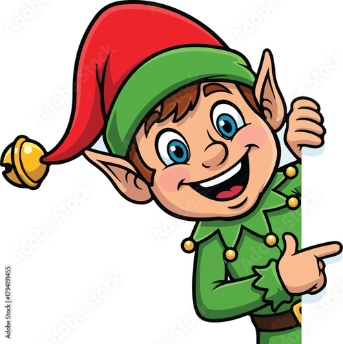 Happy cartoon elf peeking around a corner isolated on transparent background