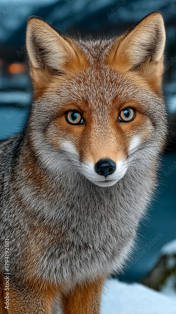 Fototapeta premium A fox with a blue eye stares at the camera. The fox is standing on a snowy surface