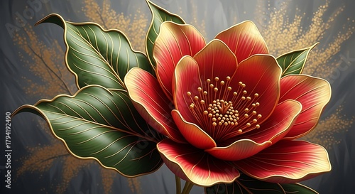 : A beautiful, stylized red and gold flower with silver-gray leaves, presented on a chic, gray, and gold-accented abstract background.
