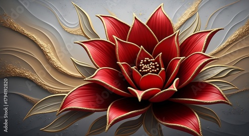 : A beautiful, stylized red and gold flower with silver-gray leaves, presented on a chic, gray, and gold-accented abstract background.