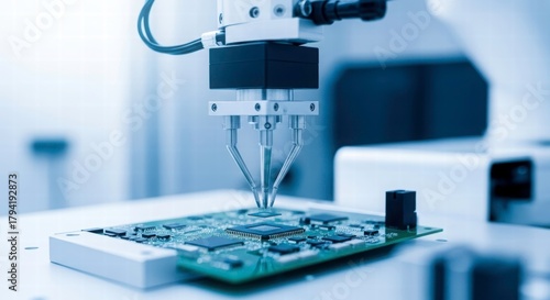 Robotics Precision: An industrial robotic arm meticulously places electronic components onto a circuit board in a modern manufacturing setting.
