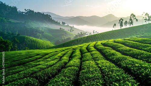 Rolling hills of tea plantations basking in sunlight, with fog-filled valleys, creating a lush, serene landscape