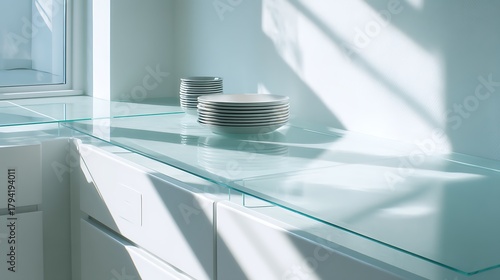 Minimal bright kitchen countertop top-down with single transparent glass, soft morning light, huge empty surface and clean minimalist layout for business presentation, marketing, and analytics