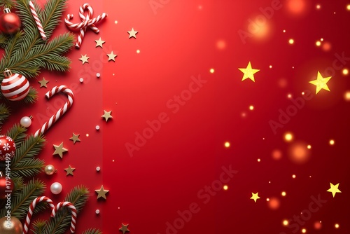 Red background adorned with gold ornaments, candy canes, pine branches and starsfestive Christmas scene.