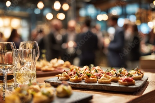Close up of appetizers and drinks on a table during a networking event, with blurred business people socializing in the background. High quality