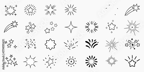 Collection of hand drawn starbursts sparkles shooting stars and festive bursts in black outline on white background