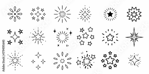 Collection of hand drawn starbursts and sparkle icons in black and white